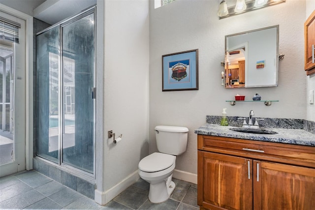 full bathroom with baseboards, toilet, tile patterned floors, vanity, and a shower stall