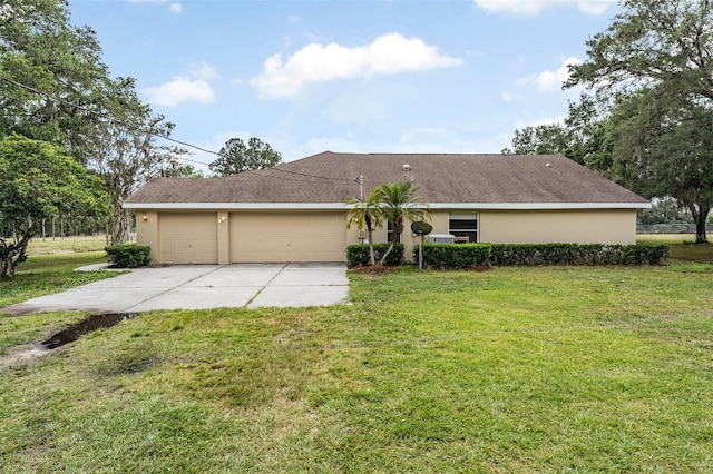 single story home featuring driveway, an attached garage, a front lawn, and stucco siding