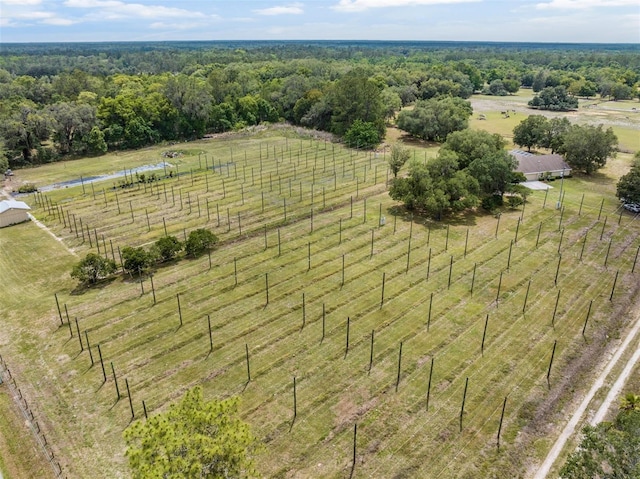 aerial view with a wooded view and a rural view