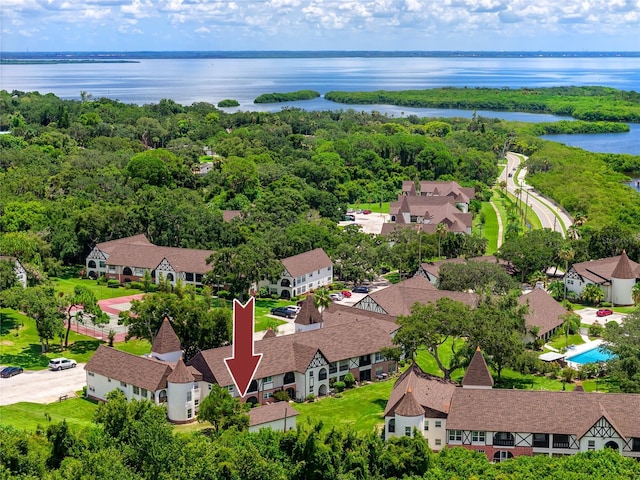 drone / aerial view featuring a water view