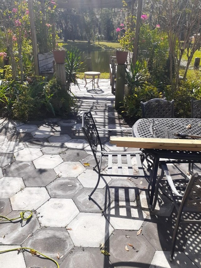 view of patio with a water view