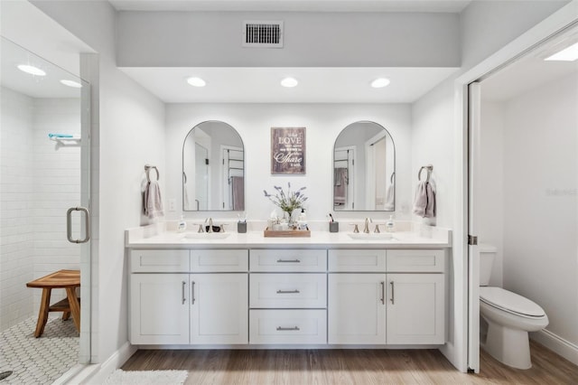 bathroom featuring a shower with door, vanity, wood-type flooring, and toilet