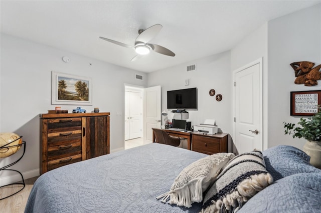 bedroom featuring light hardwood / wood-style flooring and ceiling fan