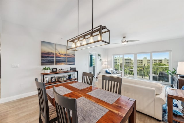 dining room with light hardwood / wood-style flooring and ceiling fan