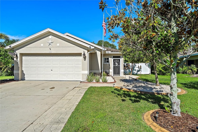 single story home featuring a garage and a front lawn