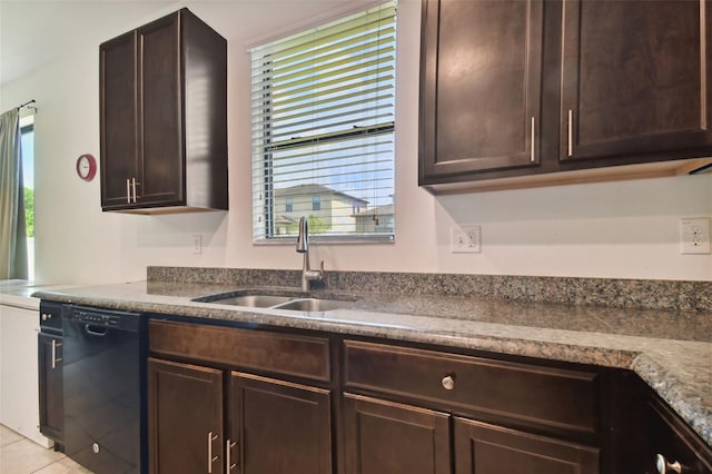 kitchen with a healthy amount of sunlight, sink, dark brown cabinetry, and dishwasher