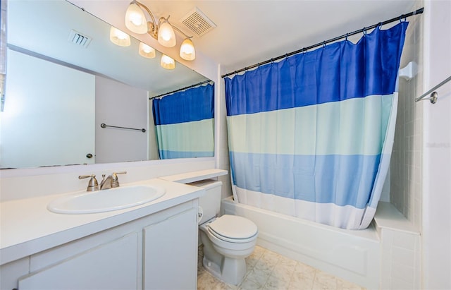 full bathroom with vanity, toilet, and shower / bath combo with shower curtain