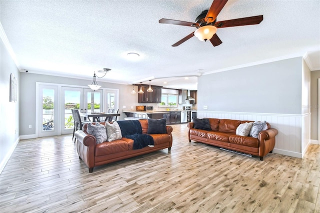 living room with light hardwood / wood-style floors, ornamental molding, a healthy amount of sunlight, and a textured ceiling