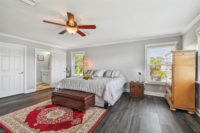 bedroom with multiple windows, ceiling fan, crown molding, and dark wood-type flooring