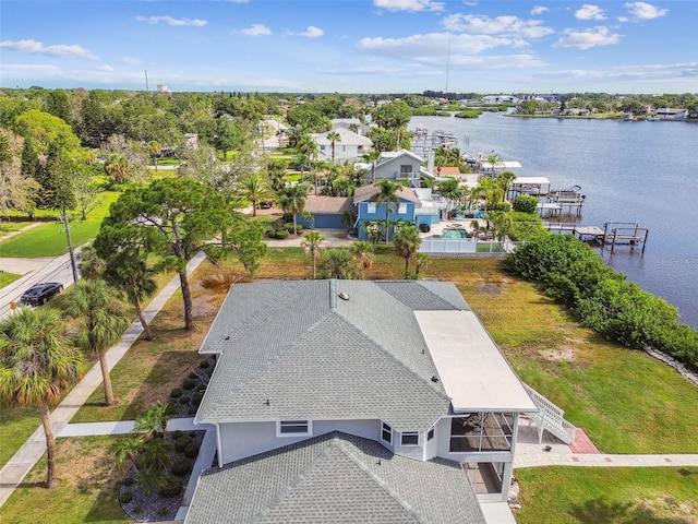 aerial view featuring a water view