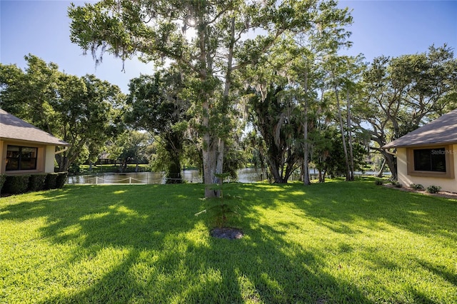 view of yard with a water view