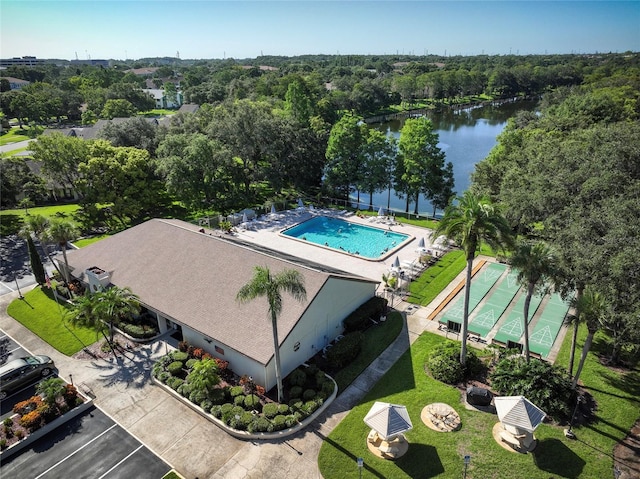 drone / aerial view with a water view