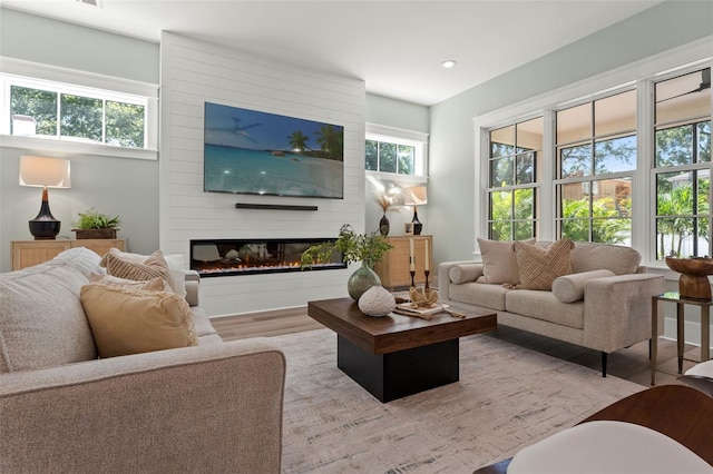 living room featuring light hardwood / wood-style floors and a fireplace