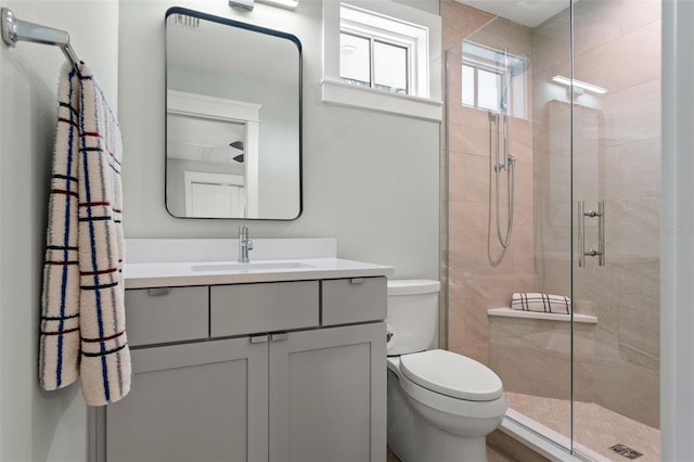 bathroom featuring vanity, toilet, and a shower with door