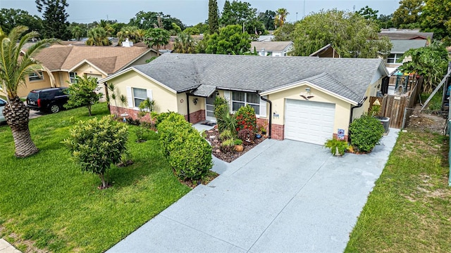 ranch-style house with a front yard, a garage, and central AC unit