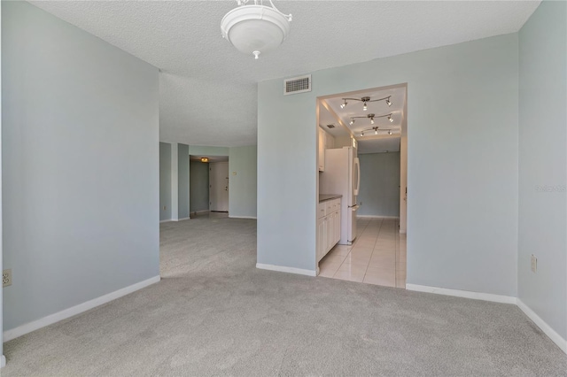 empty room featuring light carpet and a textured ceiling