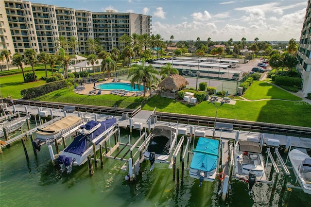 aerial view featuring a water view