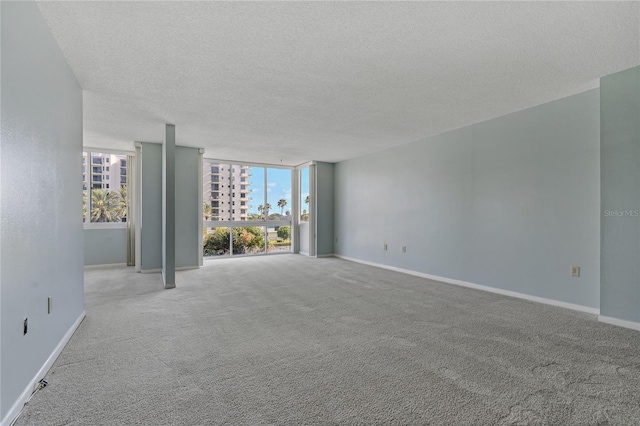 carpeted empty room featuring a wall of windows and a textured ceiling