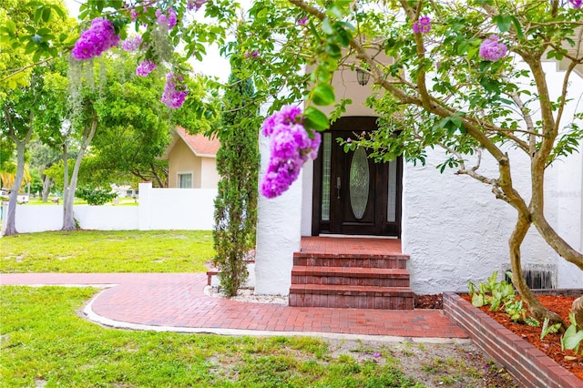 entrance to property featuring a yard