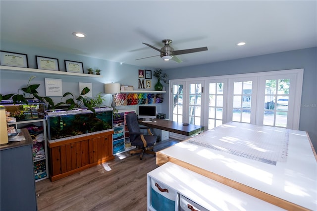 office area featuring ceiling fan, a healthy amount of sunlight, and hardwood / wood-style floors