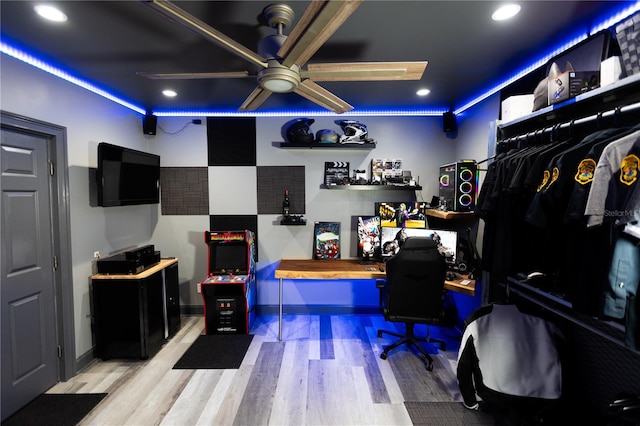 office area featuring ceiling fan and light hardwood / wood-style flooring