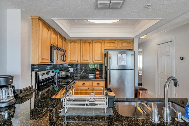 kitchen with dark stone counters, a raised ceiling, ornamental molding, stainless steel appliances, and a sink