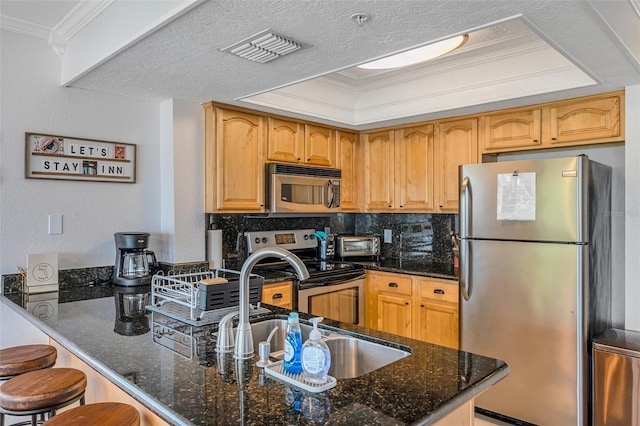 kitchen featuring appliances with stainless steel finishes, a tray ceiling, backsplash, and dark stone countertops