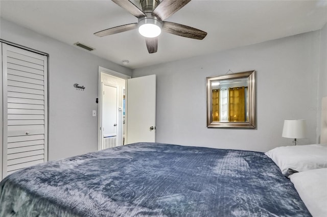 bedroom with ceiling fan and a closet