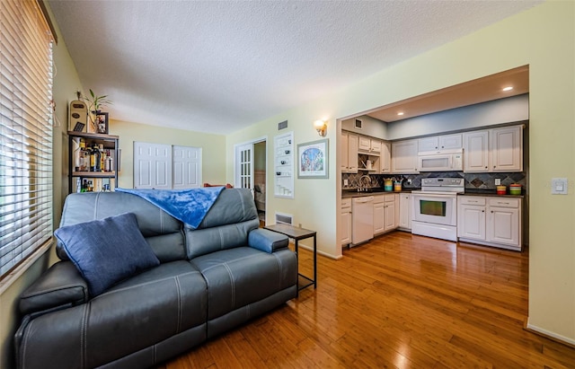 living room featuring a textured ceiling, sink, and wood-type flooring