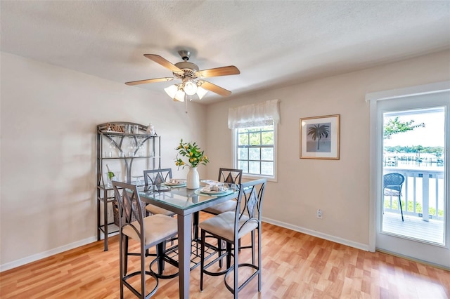 dining area with ceiling fan, a textured ceiling, and light hardwood / wood-style flooring