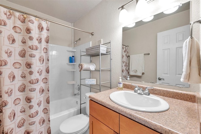 full bathroom featuring vanity, shower / tub combo with curtain, and toilet