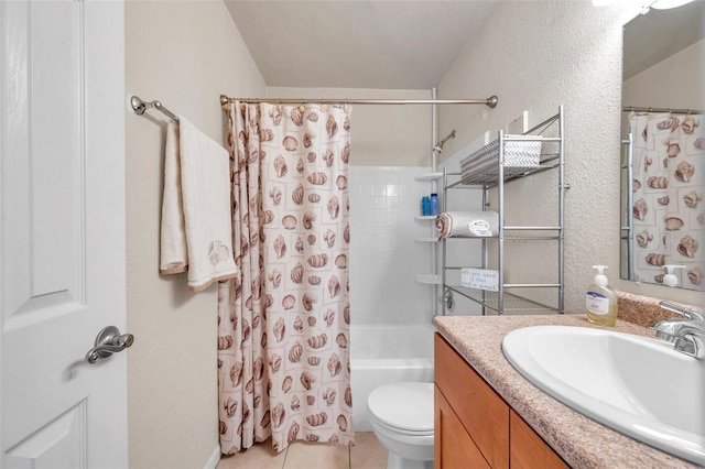 full bathroom featuring tile patterned flooring, vanity, shower / tub combo, and toilet