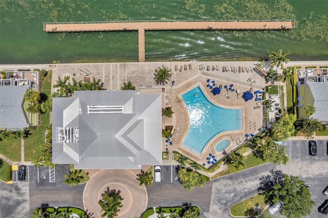 birds eye view of property featuring a water view