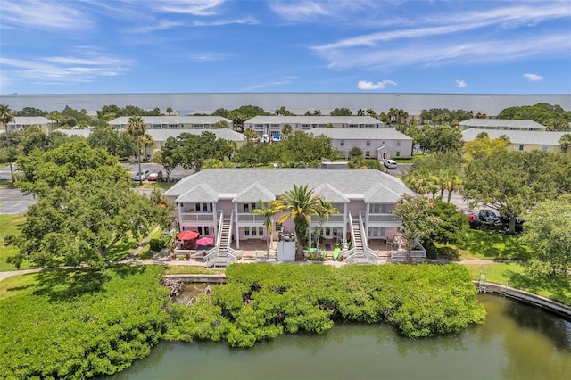 drone / aerial view featuring a water view