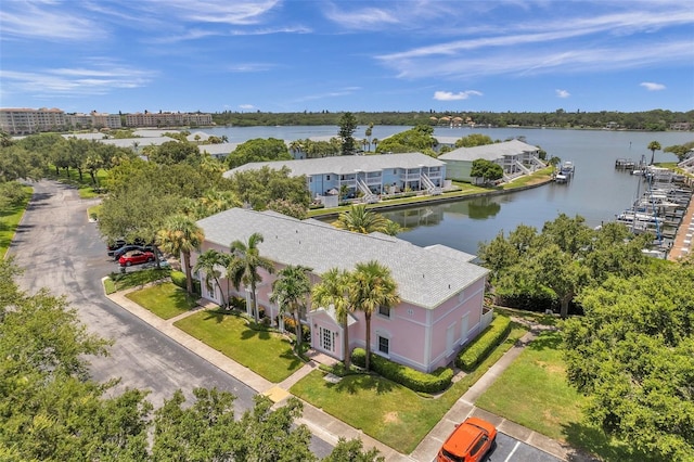 bird's eye view with a water view