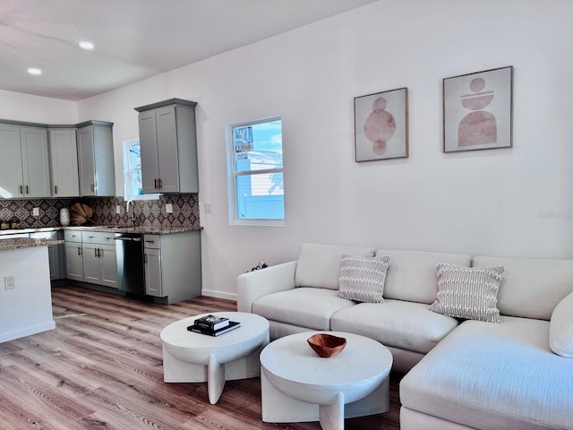 living room featuring light hardwood / wood-style flooring and sink