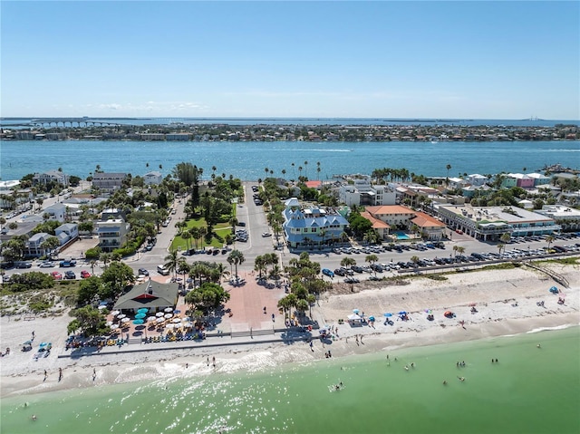 drone / aerial view with a view of the beach and a water view