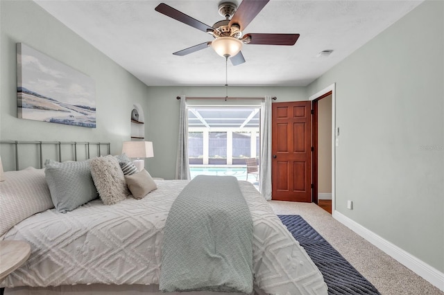 bedroom featuring ceiling fan, carpet, and access to outside