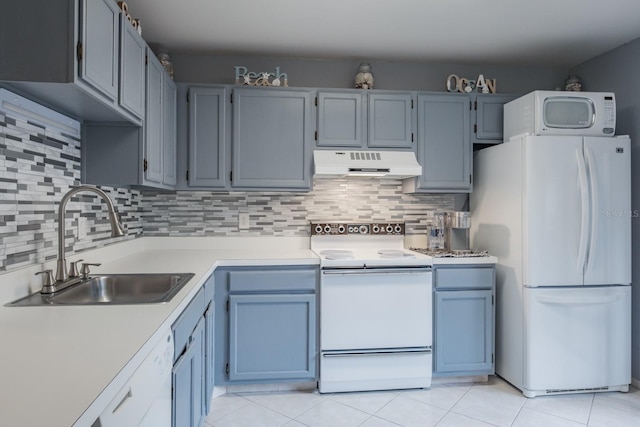 kitchen with light tile patterned flooring, sink, white appliances, and backsplash