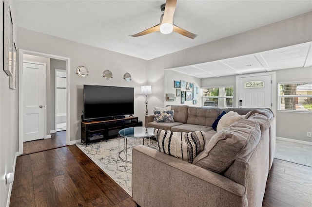 living room featuring hardwood / wood-style flooring and ceiling fan