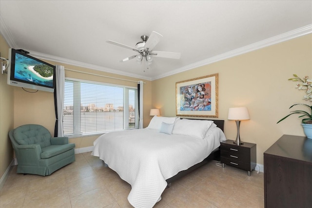 bedroom with light tile patterned floors, ornamental molding, and ceiling fan