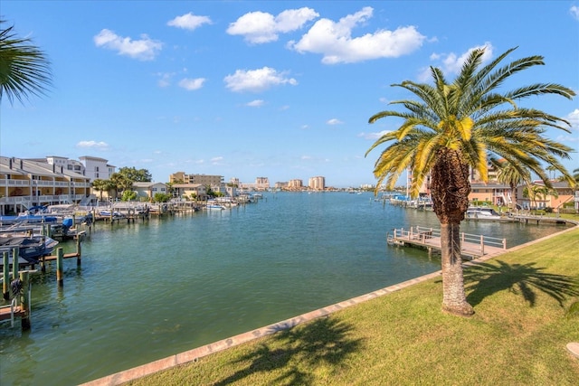 view of water feature with a boat dock