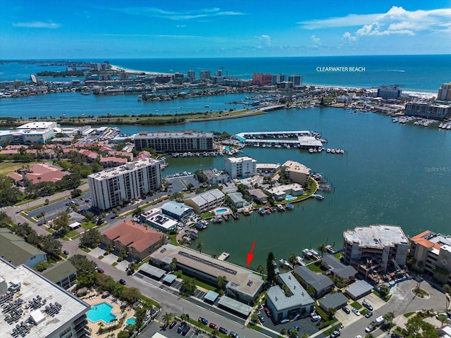 drone / aerial view featuring a water view