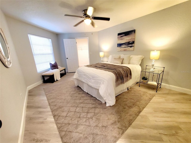 bedroom featuring light wood-type flooring, ceiling fan, and a spacious closet