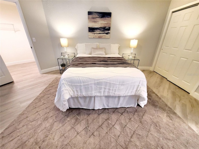 bedroom featuring wood-type flooring and a closet