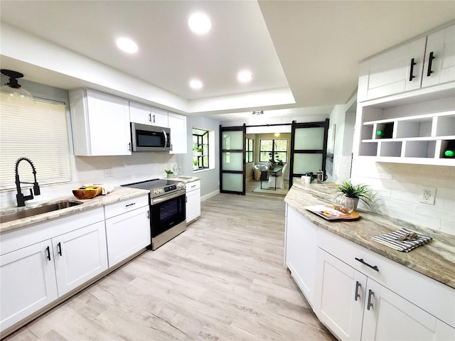 kitchen with a barn door, a raised ceiling, stainless steel appliances, light wood-style floors, and a sink