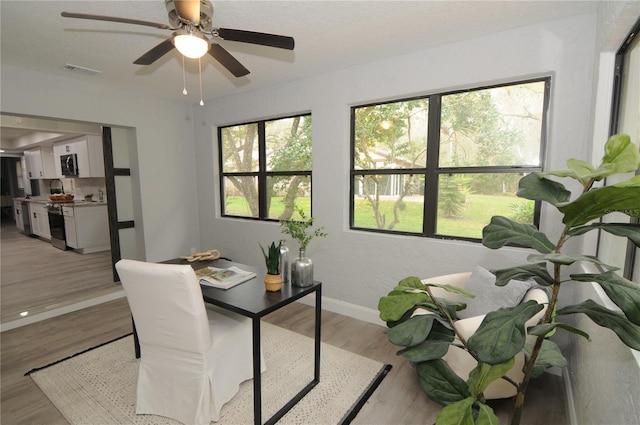 office with light wood-style flooring, visible vents, and baseboards