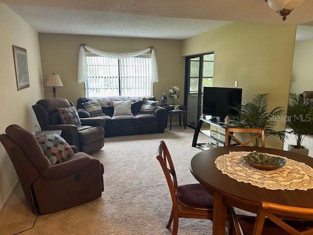 carpeted living room with a textured ceiling