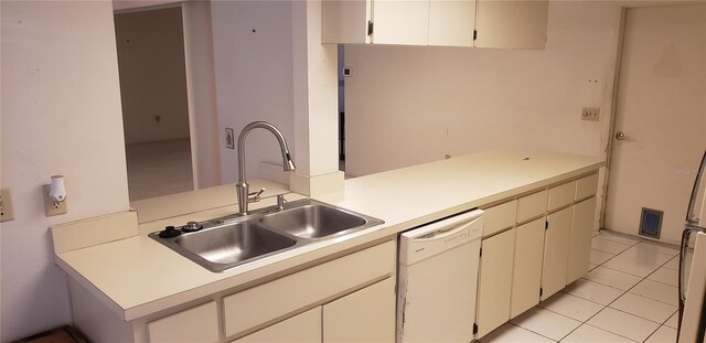 kitchen with white cabinetry, light tile patterned floors, sink, dishwasher, and kitchen peninsula