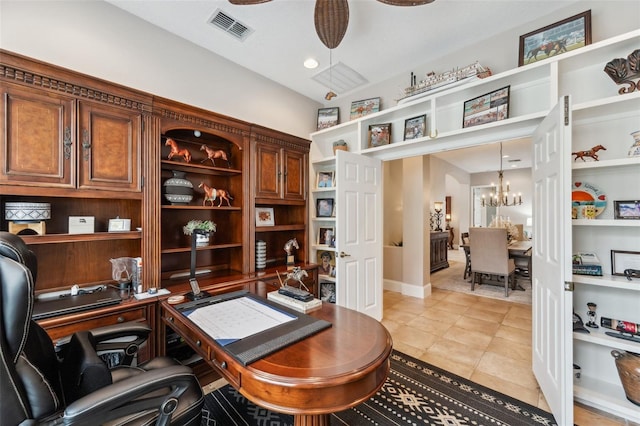 office area with light tile patterned flooring and ceiling fan with notable chandelier